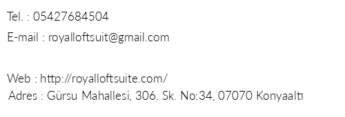 Royal Loft Suite telefon numaralar, faks, e-mail, posta adresi ve iletiim bilgileri